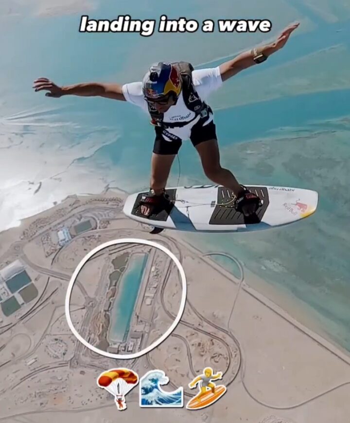 se tira en paracaidas con una tabla de surf y aterriza en una ola