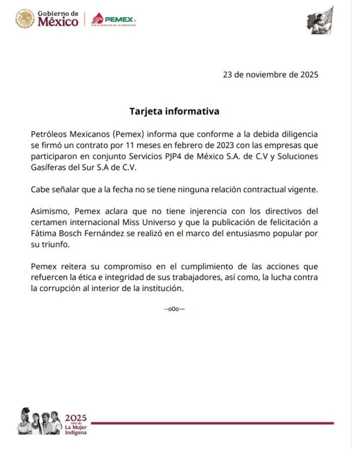 Pemex aclara felicitación a Fátima Bosch y se deslinda de vínculos con Miss Universo 4 1763927138 329 Pemex aclara felicitacion a Fatima Bosch y se deslinda de
